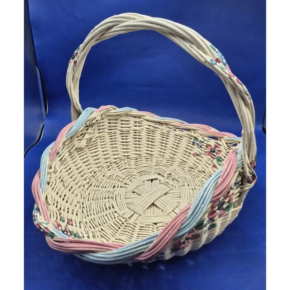 Vintage White Handpainted Floral Wicker Basket w/Handle 17x13x13